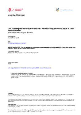 DNA Barcoding of a Stowaway Reef Coral in the International Aquarium Trade Results in a New Distribution Record Hoeksema, Bert; Arrigoni, Roberto