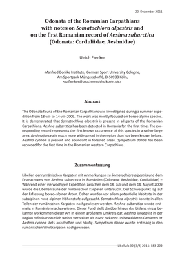 Odonata of the Romanian Carpathians with Notes on Somatochlora Alpestris and on the First Romanian Record of Aeshna Subarctica (Odonata: Corduliidae, Aeshnidae)