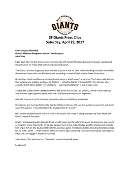 SF Giants Press Clips Saturday, April 29, 2017