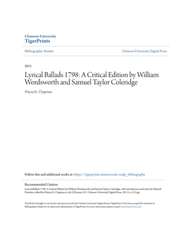 Lyrical Ballads 1798: a Critical Edition by William Wordsworth and Samuel Taylor Coleridge Wayne K