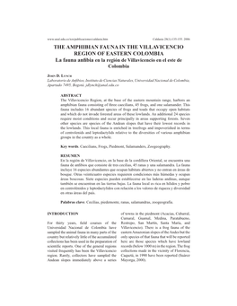 THE AMPHIBIAN FAUNA in the VILLAVICENCIO REGION of EASTERN COLOMBIA La Fauna Anﬁbia En La Región De Villavicencio En El Este De Colombia