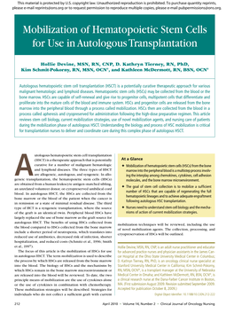 Mobilization of Hematopoietic Stem Cells for Use in Autologous Transplantation