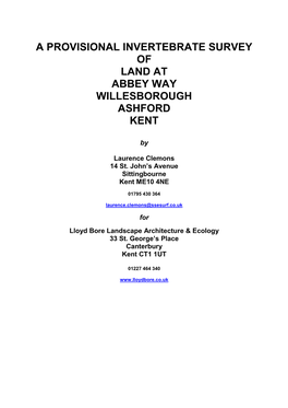 A Provisional Invertebrate Survey of Land at Abbey Way Willesborough Ashford Kent