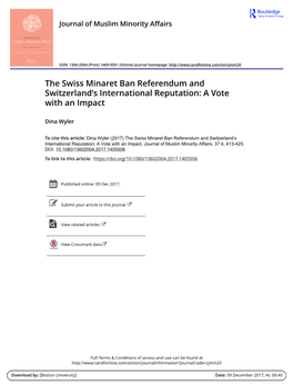 The Swiss Minaret Ban Referendum and Switzerland’S International Reputation: a Vote with an Impact