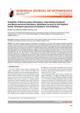 Suitability of Bemisia Tabaci (Hemiptera: Aleyrodidae) Biotype-B and Myzus Persicae