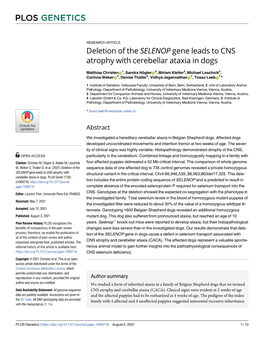 Deletion of the SELENOP Gene Leads to CNS Atrophy with Cerebellar Ataxia in Dogs