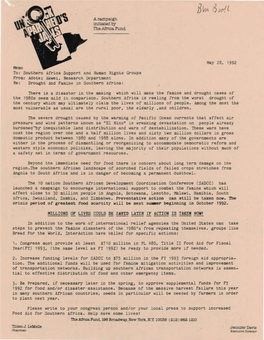 Southern Africa Support and Human Rights Groups From: Adotei Akwei, Research Department Re: DJ•Ought and ·Famine in Southern Africa