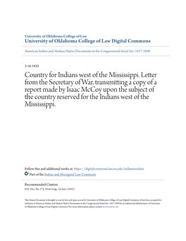 Country for Indians West of the Mississippi. Letter from The