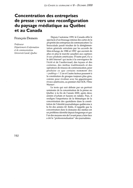 Concentration Des Entreprises De Presse : Vers Une Reconfiguration Du Paysagemédiatique Au Québec Et Au Canada