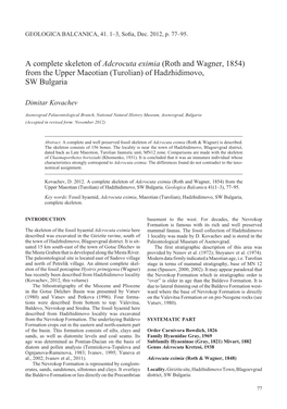 A Complete Skeleton of Adcrocuta Eximia (Roth and Wagner, 1854) from the Upper Maeotian (Turolian) of Hadzhidimovo, SW Bulgaria