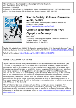 Canadian Opposition to the 1936 Olympics in Germany