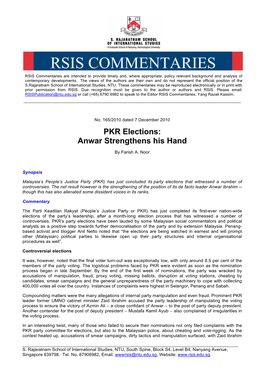 RSIS COMMENTARIES RSIS Commentaries Are Intended to Provide Timely And, Where Appropriate, Policy Relevant Background and Analysis of Contemporary Developments