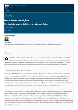 From Beirut to Algiers: the Arab League's Role in the Lebanon Crisis | the Washington Institute