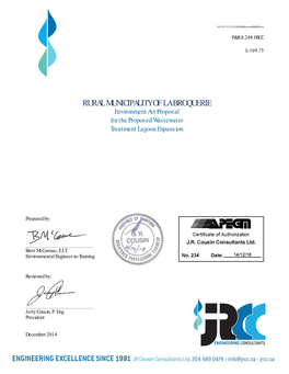 RURAL MUNICIPALITY of LA BROQUERIE Environment Act Proposal for the Proposed Wastewater Treatment Lagoon Expansion