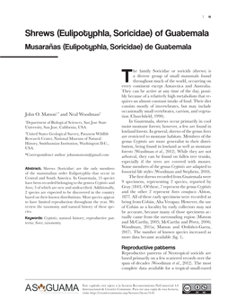 Shrews (Eulipotyphla, Soricidae) of Guatemala Musarañas (Eulipotyphla, Soricidae) De Guatemala