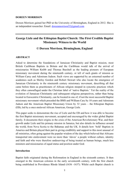 George Liele and the Ethiopian Baptist Church: the First Credible Baptist Missionary Witness to the World