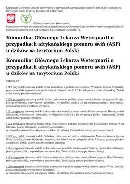 Komunikat Głównego Lekarza Weterynarii O Przypadkach Afrykańskiego Pomoru Świń (ASF) U Dzików Na Terytorium Polski | Główny Inspektorat Weterynarii