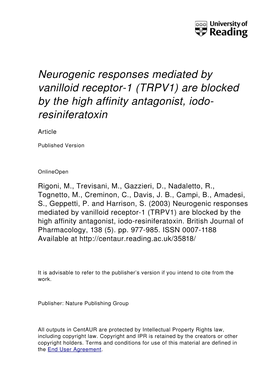 Neurogenic Responses Mediated by Vanilloid Receptor-1 (TRPV1) Are Blocked by the High ANity Antagonist, Iodo-Resiniferatoxin