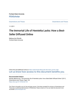 The Immortal Life of Henrietta Lacks: How a Best- Seller Diffused Online