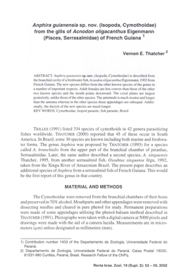 From the Gills of Acnodon Oligacanthus Eigenmann (Pisces, Serrasalmidae) of French Guiana 1