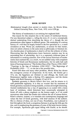 BOOK REVIEW Mathematical Thought from Ancient to Modem Times, by Morris Kline. Oxford University Press, New York, 1972. Xvii