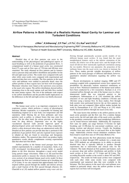 Airflow Patterns in Both Sides of a Realistic Human Nasal Cavity for Laminar and Turbulent Conditions