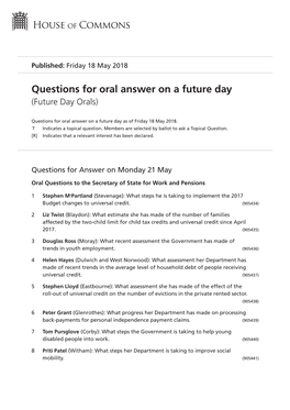 Future Oral Questions As of Fri 18 May 2018