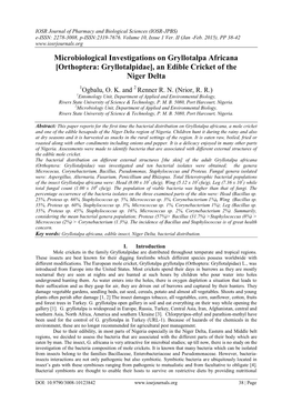 Microbiological Investigations on Gryllotalpa Africana [Orthoptera: Gryllotalpidae], an Edible Cricket of the Niger Delta