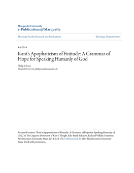 Kant's Apophaticism of Finitude: a Grammar of Hope for Speaking Humanly of God Philip J