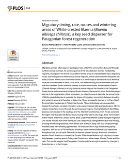 Migratory Timing, Rate, Routes and Wintering Areas of White-Crested Elaenia (Elaenia Albiceps Chilensis), a Key Seed Disperser for Patagonian Forest Regeneration