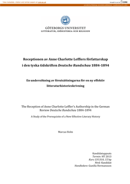 Receptionen Av Anne Charlotte Lefflers Författarskap I Den Tyska Tidskriften Deutsche Rundschau 1884-1894