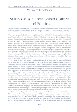 Stalin's Music Prize: Soviet Culture and Politics