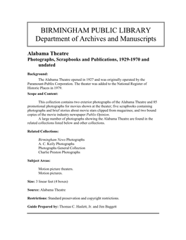 Alabama Theatre Photographs, Scrapbooks and Publications, 1929-1970 and Undated