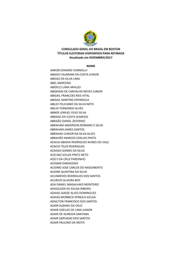 CONSULADO-GERAL DO BRASIL EM BOSTON TÍTULOS ELEITORAIS DISPONÍVEIS PARA RETIRADA Atualizado Em DEZEMBRO/2017