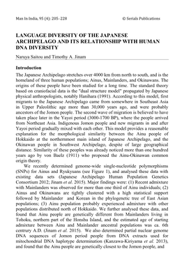 LANGUAGE DIVERSITY of the JAPANESE ARCHIPELAGO and ITS RELATIONSHIP with HUMAN DNA DIVERSITY Naruya Saitou and Timothy A