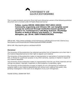 Community Organising and Citizens UK: Can Tangible Social Change Be Achieved Through Institution-Based Apolitical Politics? In: Contemporary Left-Wing Activism