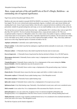 Bees, Wasps and Ants of the Ash Landfill Site at Devil's Dingle, Buildwas