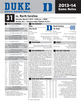 Vs. North Carolina 31 Saturday, March 8, 2014 • 9:00 P.M