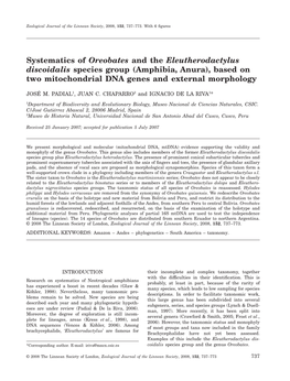 Systematics of Oreobates and the Eleutherodactylus Discoidalis Species Group (Amphibia, Anura), Based on Two Mitochondrial DNA Genes and External Morphology