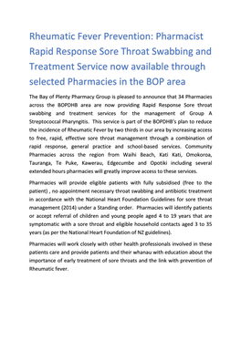 Pharmacist Rapid Response Sore Throat Swabbing and Treatment Service Now Available Through Selected Pharmacies in the BOP Area