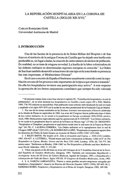 La Repoblación Hospitalaria En La Corona De Castilla (Siglos Xii-Xvi)*