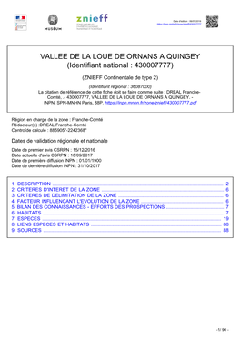 VALLEE DE LA LOUE DE ORNANS a QUINGEY (Identifiant National : 430007777)