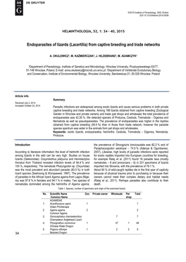 Endoparasites of Lizards (Lacertilia) from Captive Breeding and Trade Networks