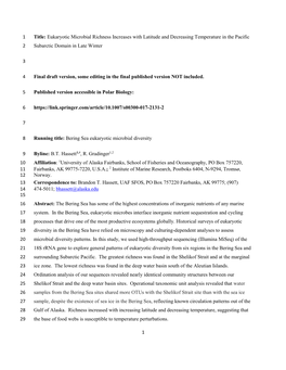 1 Title: Eukaryotic Microbial Richness Increases with Latitude and Decreasing Temperature in the Pacific 2 Subarctic Domain in Late Winter