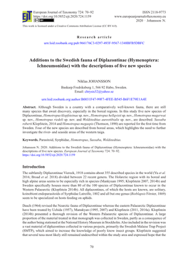 Additions to the Swedish Fauna of Diplazontinae (Hymenoptera: Ichneumonidae) with the Descriptions of Five New Species