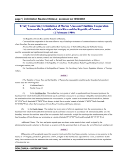 Treaty Concerning Delimitation of Marine Areas and Maritime Cooperation Between the Republic of Costa Rica and the Republic of Panama (2 February 1980)