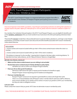 ASTC Travel Passport Program Participants May 1, 2021 - October 31, 2021