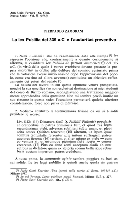 La Lex Publilia Del 339 A.C. E L'auctoritac Preventiva