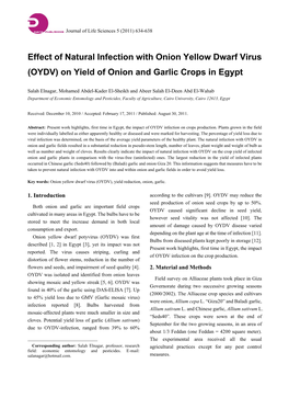 Effect of Natural Infection with Onion Yellow Dwarf Virus (OYDV) on Yield of Onion and Garlic Crops in Egypt