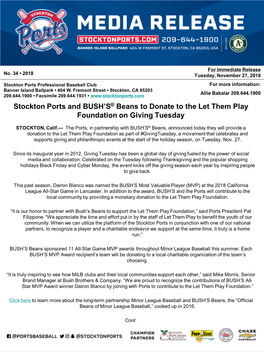 Stockton Ports MEDIA RELEASE Stockton Ports Professional Baseball Club Banner Island Ballpark • 404 W. Fremont Street • Stoc